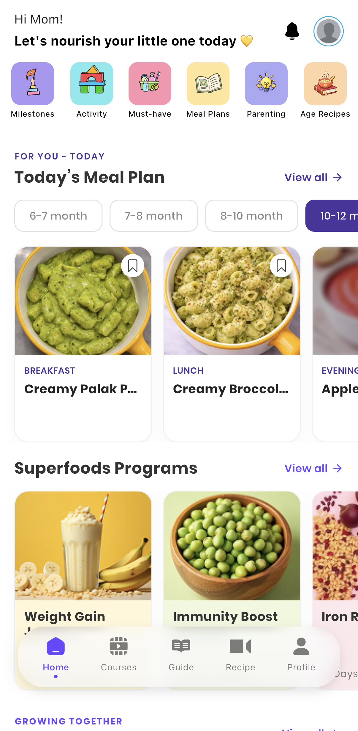 TinyDroplets app home screen with meal plans and superfood programs